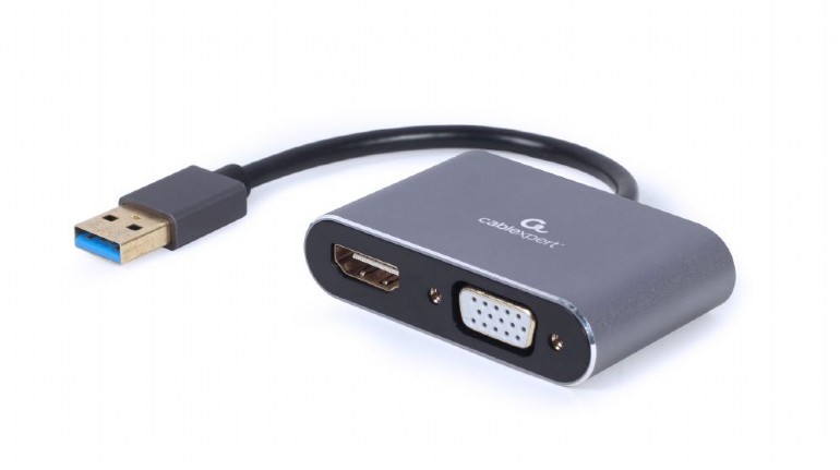 ADAPTOR video GEMBIRD, adaptor USB 3.0 Type-A (T) la HDMI (M) + VGA (M), 15cm, rezolutie maxima FULL HD (1920 x 1080) la 60Hz, gri, "A-USB3-HDMIVGA-01" (timbru verde 0.08 lei)