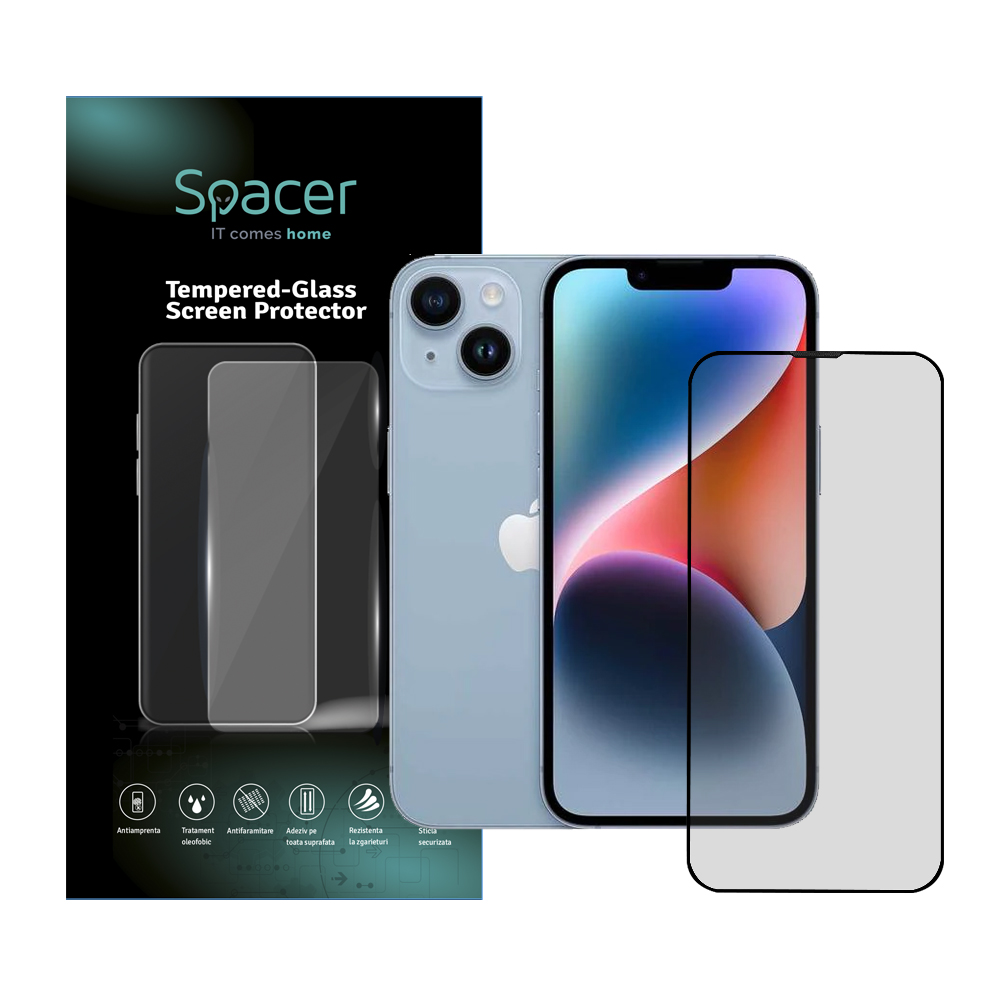 FOLIE STICLA Spacer pentru Iphone 14, grosime 0.3mm, acoperire totala ecran, strat special anti-ulei si anti-amprenta, Tempered Glass, sticla 9D, duritate 9H "SPPG-AP-IP14-TG"