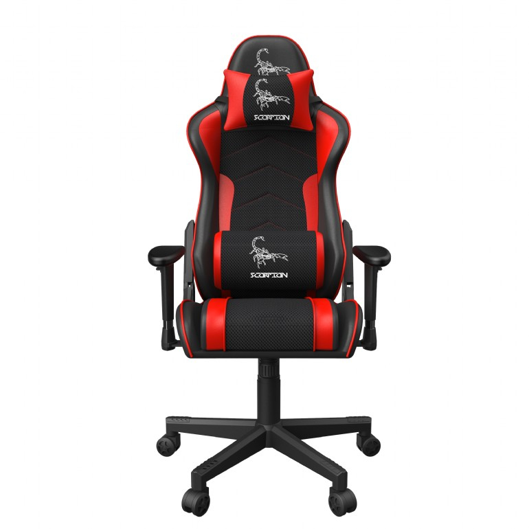 SCAUN GAMING GEMBIRD, ergonomic, reglabil inaltime, rotatie 360 gr, black & red, brate ajustabile, greutate max. 136kg, perna tetiera, perna lombara, dimensiuni 52*80*125~133.5cm "GC-SCORPION-02X"