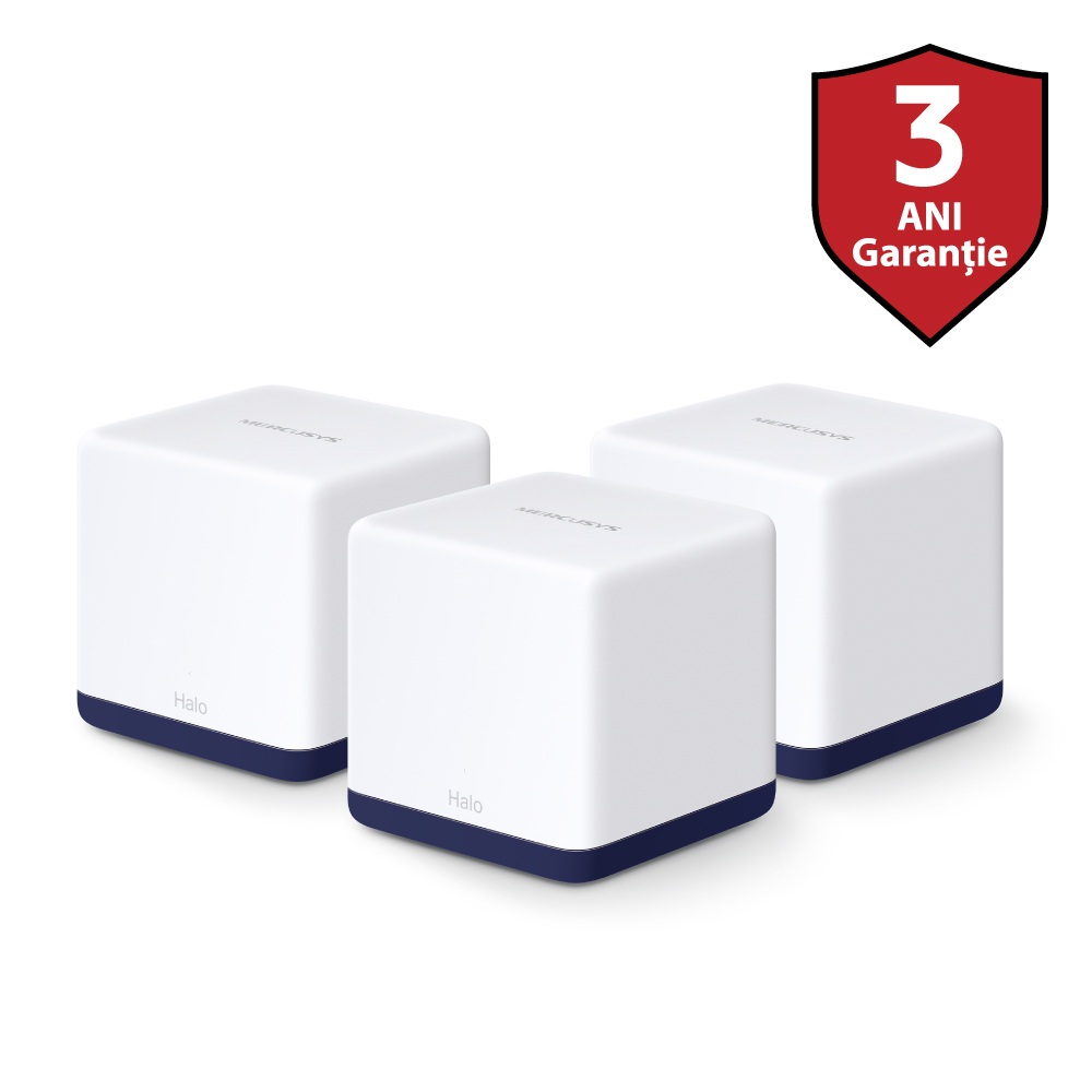MESH MERCUSYS, wireless, router AC1900, pt interior, 1900 Mbps, port LAN si WAN Gigabit, 2.4 GHz | 5 GHz, antena interna x 2, standard 802.11ac, "Halo H50G(3-pack)" (timbru verde 2.00 lei)