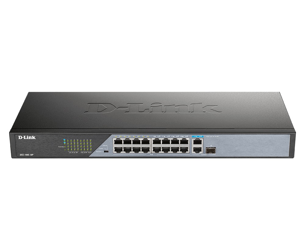 SWITCH PoE D-LINK Unmanaged 16 porturi 10/100Mbps (8 PoE) + 1 x Gigabit Uplink + 1 x SFP, carcasa metalica, "DSS-100E-18P" (timbru verde 2 lei)