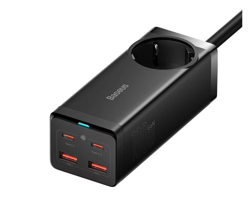 INCARCATOR RETEA Baseus GaN3 Pro Powerstrip,QC 100W,1xAC,2xUSB Type-C Output 5V/3A,2 x USB,include cablu USB Type-C la USB Type-C 100W, 1m, negru "PSZM000401" (timbru verde 0.18 lei) - 6932172604233