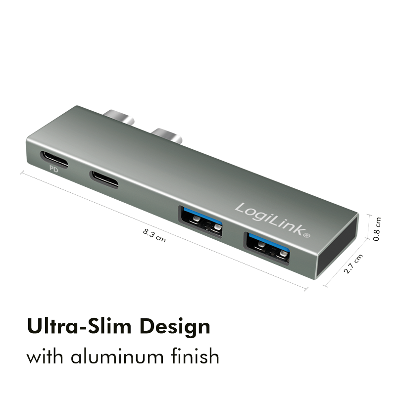 HUB extern LOGILINK, porturi USB: USB-C 3.2 (Thunderbolt3) PD 100W x 1 + USB-C x 1, USB-A 3.0 x 2, conectare prin USB-C, aluminiu, argintiu, "UA0399" (timbru verde 0.18 lei)