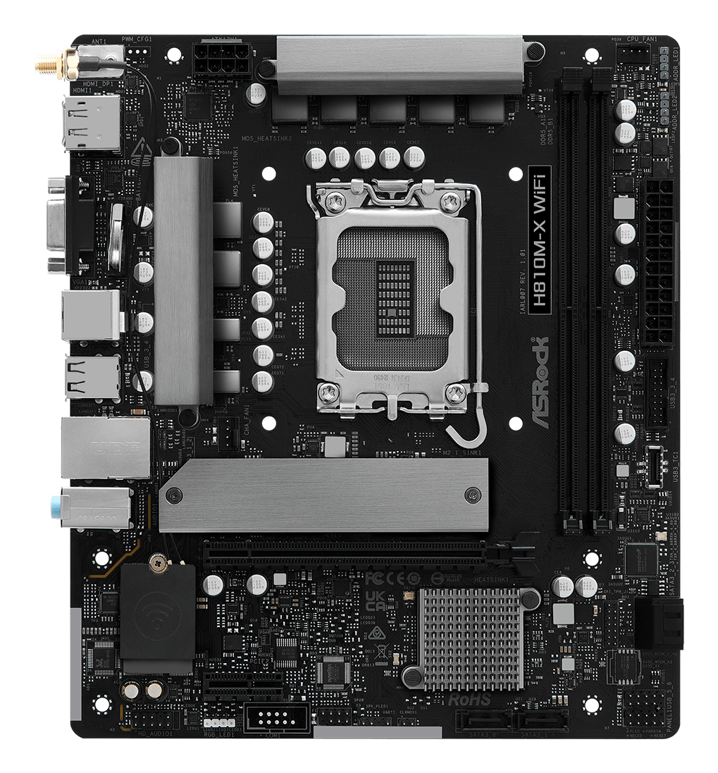 Placa de baza AsRock "H810M-X WIFI", skt. LGA 1851, chipset Intel H810, mATX, 2 x DDR5 max. 128 GB, USB 3.2 gen1 A, Type-C, 2.5 GHz Lan, 4 x SATA, 2 x M.2, PCIe 4.0, HDMI, VGA, DisplayPort, "H810M-X WIFI"