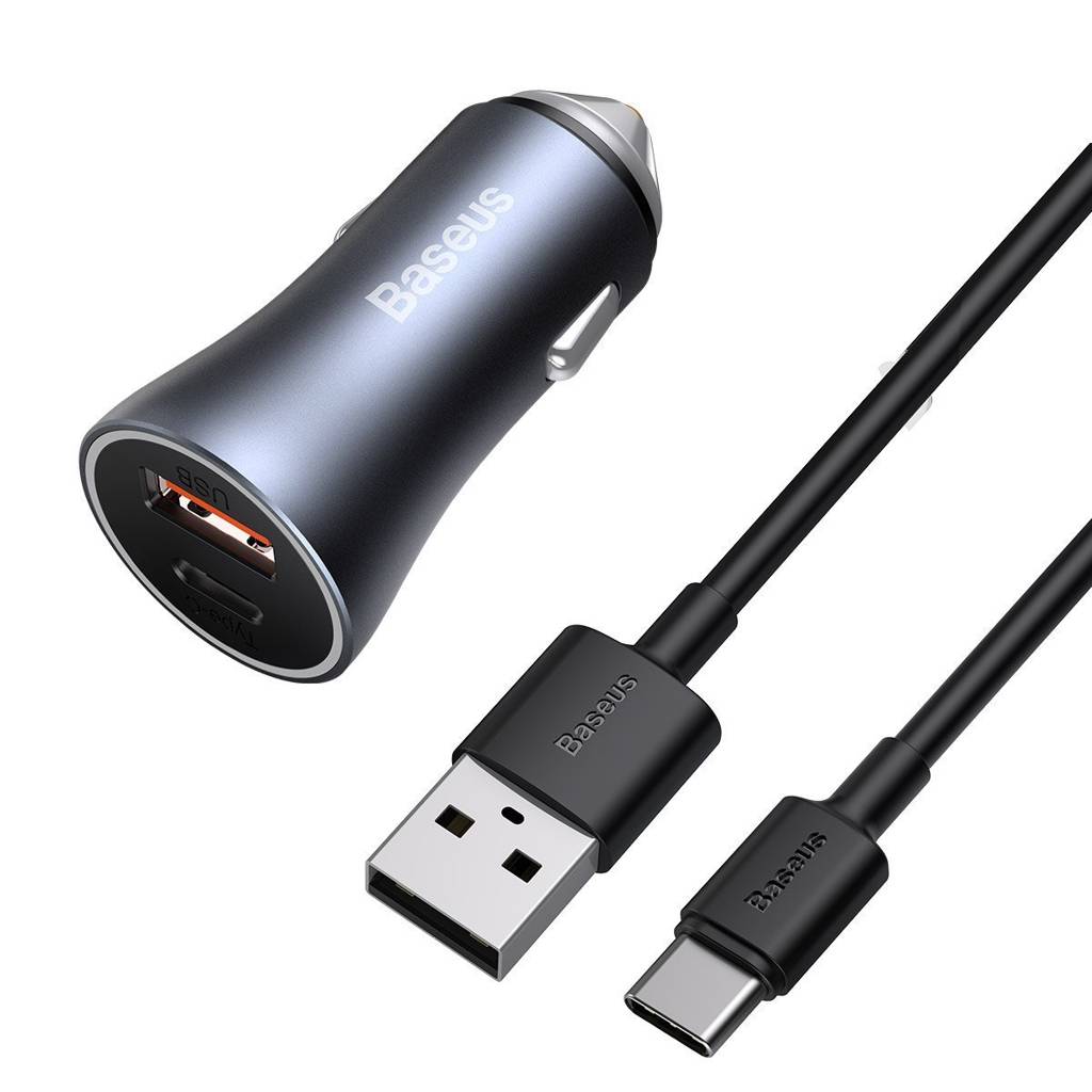 INCARCATOR auto Baseus Golden Contactor,1xUSB Output 5V/3A si 1xUSB Type-C Output 5V/3A,40W,cablu 5A USB la USB Type-C de 1m,pt. bricheta auto,gri "TZCCJD-0G" (timbru verde 0.8 lei)-6953156201958