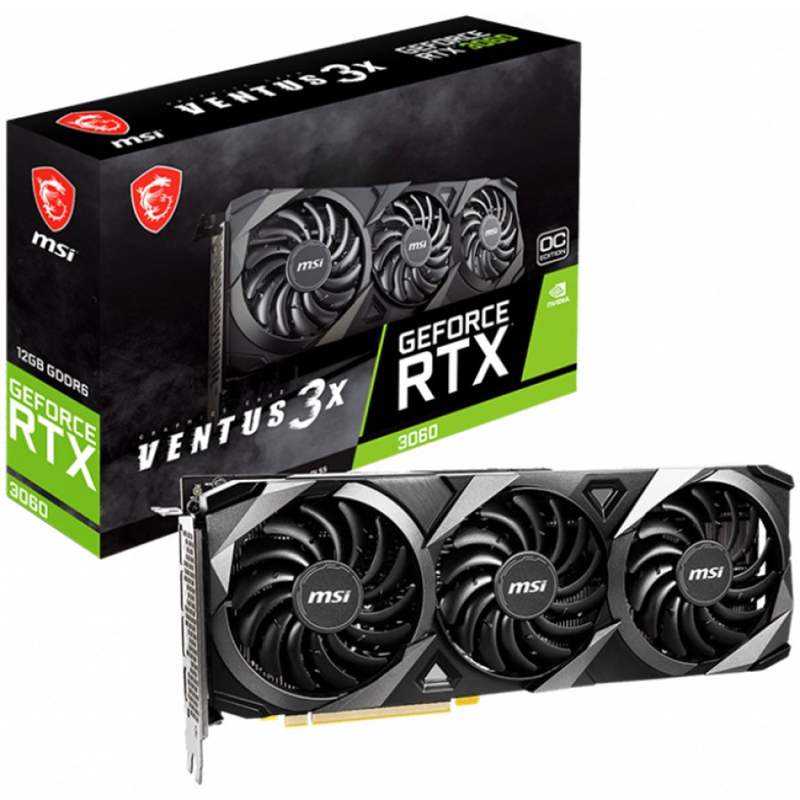MSI Video Card Nvidia GeForce RTX 3060 VENTUS 3X 12G OC, 12GB GDDR6/192bit, 15Gbps, 3584 Cores, 1807 MHz, PCIe 4.0, 3xDP, HDMI, 550W Recommended PSU, Thermal Padding, "RTX_3060_VENTUS_3X_12G_OC"