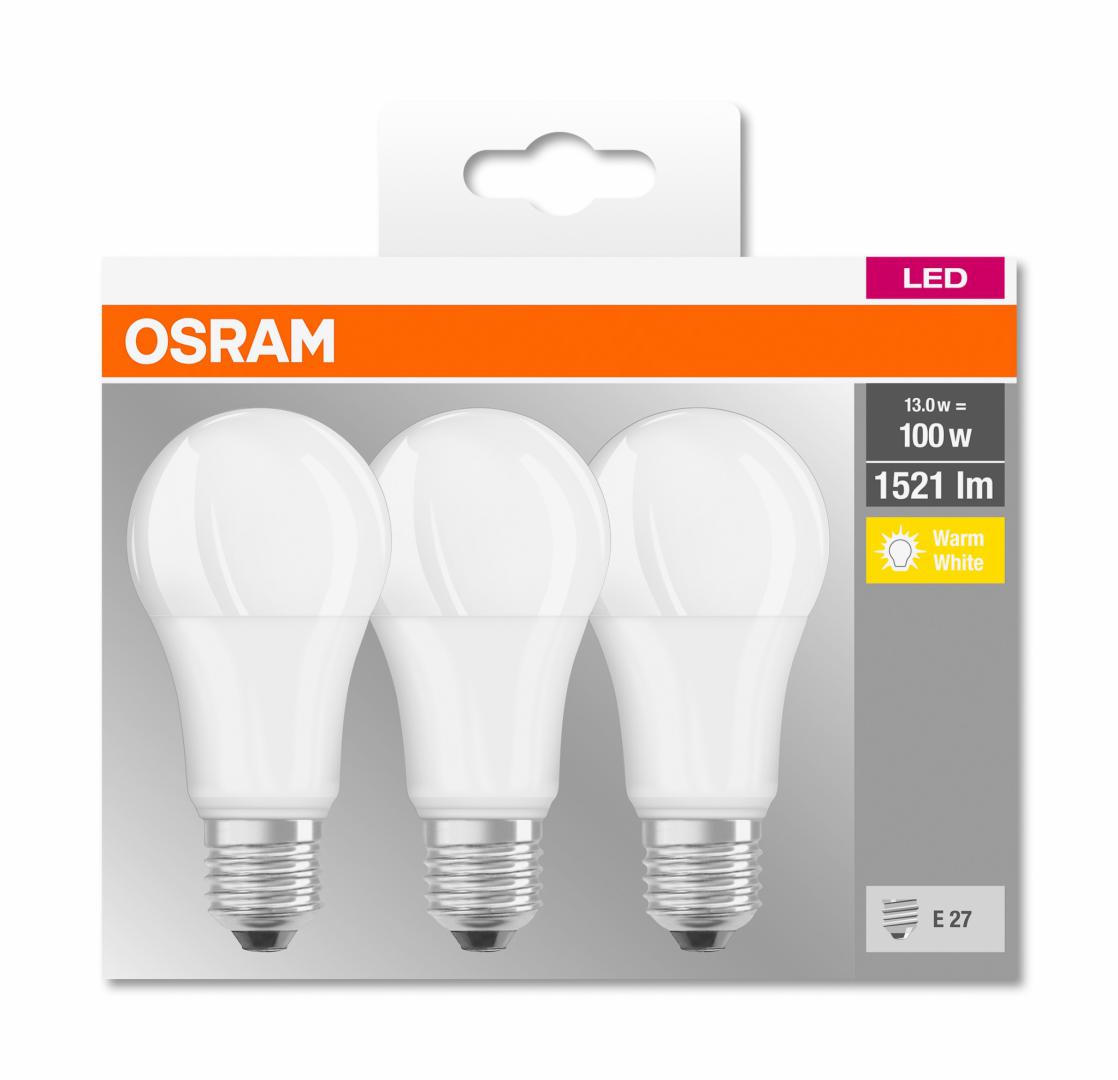 SET 3 becuri LED Osram, soclu E27, putere 13W, forma clasic, lumina alb calda, alimentare 220 - 240 V, "000004058075819412" (timbru verde 1.35 lei)
