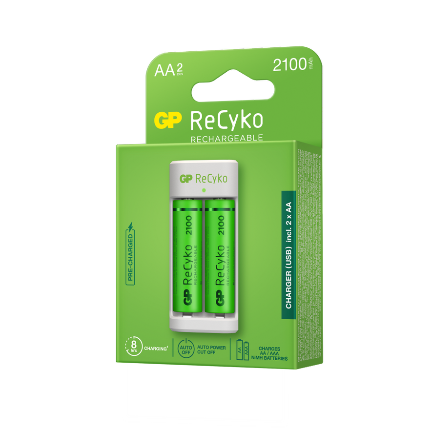 Incarcator GP Batteries, Recyko compatibil NiMH (AA/AAA), include 2 x 2100 mAh AA (R6), incarcare USB, 1 LED indicare incarcare, "GPE211210AAHC-2B2" "GPACSE211001" (timbru verde 0.8 lei)