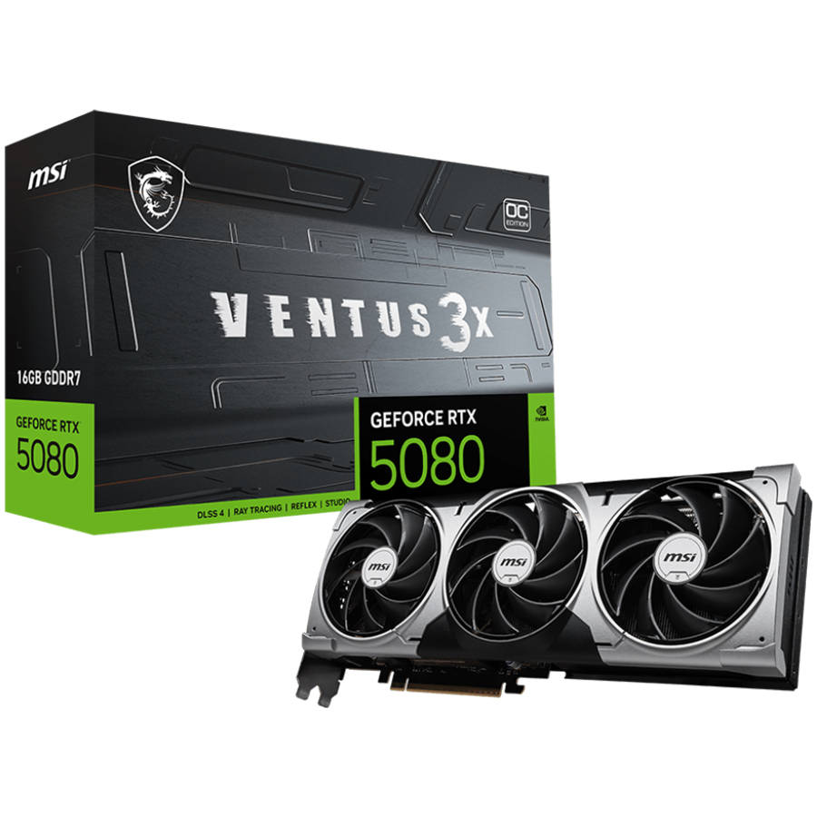 MSI Video Card Nvidia GeForce RTX 5080 16G VENTUS 3X OC, 16GB GDDR7, 256bit, 30000MHz, 2640 MHz, PCIe 5.0, 3x DP 2.1b, HDMI 2.1b,Triple Fan, 1x16pin, 850W Recommended PSU, 3Y "RTX_5080_16G_VENTUS_3X_OC"