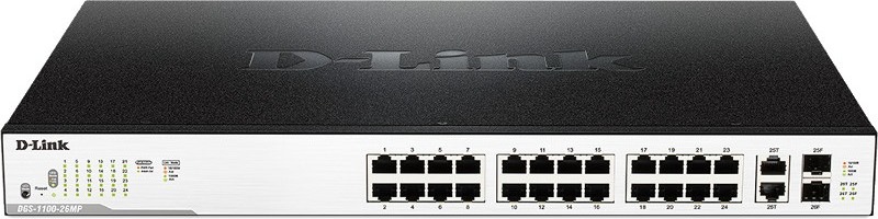 SWITCH PoE D-LINK Smart 24 porturi Gigabit (24 PoE) + 2 porturi combo SFP, IEEE 802.3af/at, carcasa metalica, rackabil, "DGS-1100-26MP"(timbru verde 2 lei)