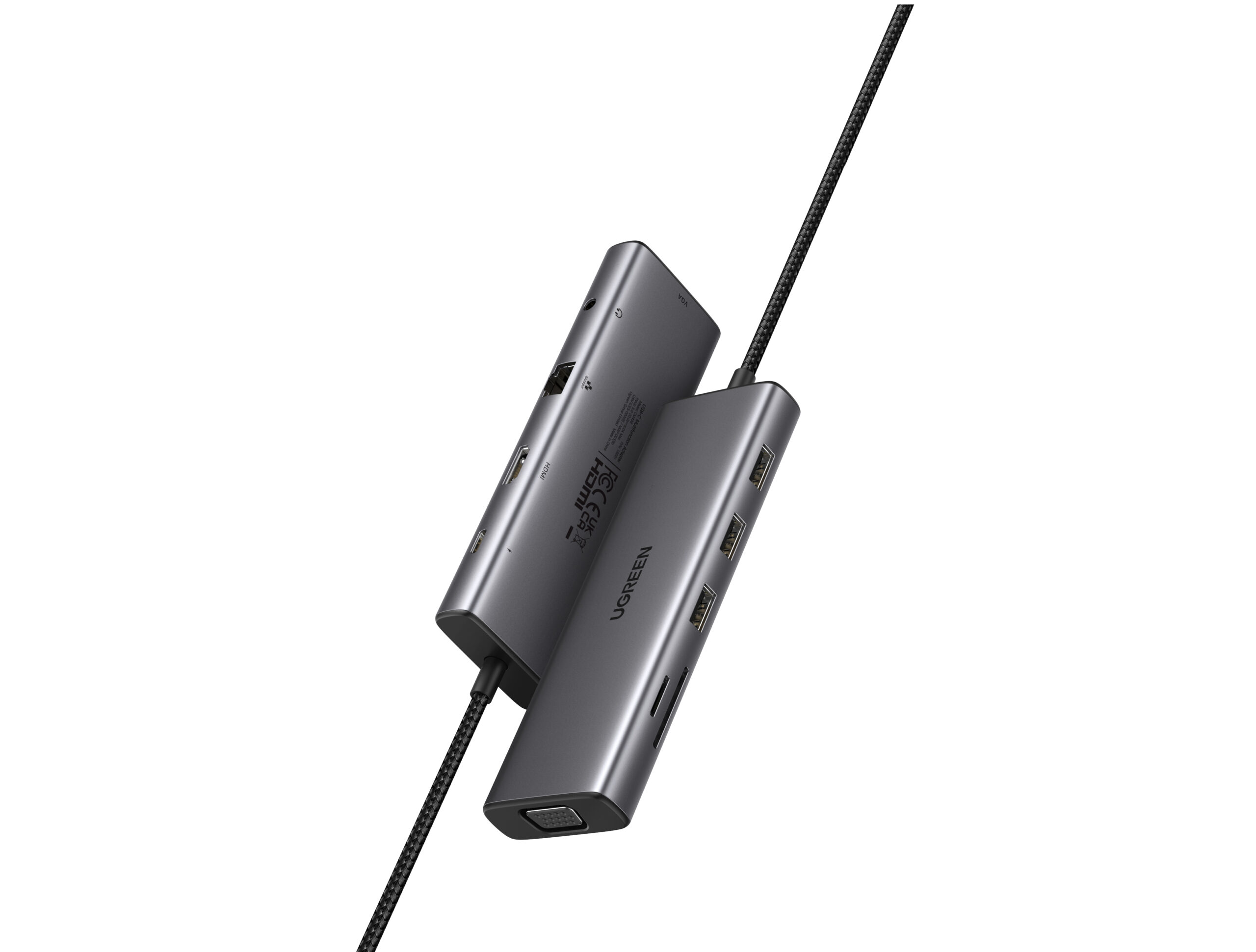 DOCKING Station Ugreen, "CM498" conec PC USB Type-C, HDMI(4K@30Hz), VGA, 3xUSB-A3.0, Gigabit RJ45, card reader SD/TF, jack 3.5mm, PD(100W), aluminiu, gri "15601" (timbru verde 0.8 lei)