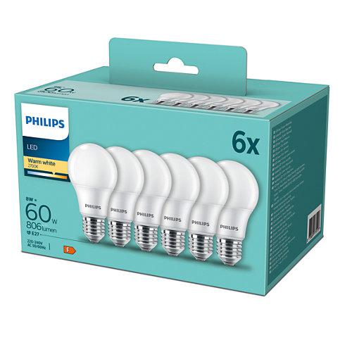 SET 3 becuri LED Philips, soclu E27, putere 8W, forma clasic, lumina alb calda, alimentare 220 - 240 V, "000008718699775490" (timbru verde 1.35 lei)