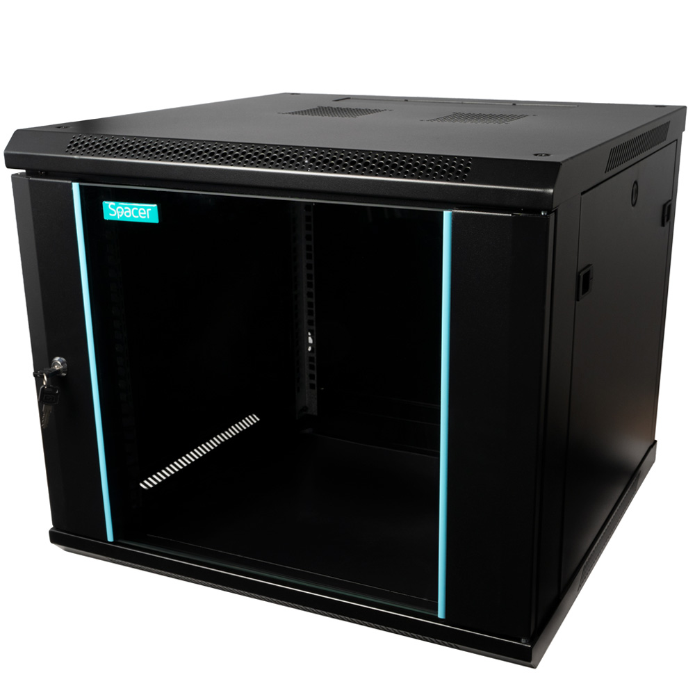 CABINET 19" SPACER 9U 600x600mm, fixare pe perete, Flatpack (dezasamblat), Black, usa sticla cu blocare, panouri detasabile, otel 1.5mm, sarcina maxima 60Kg, "SPCW-9U-600-BK-03"