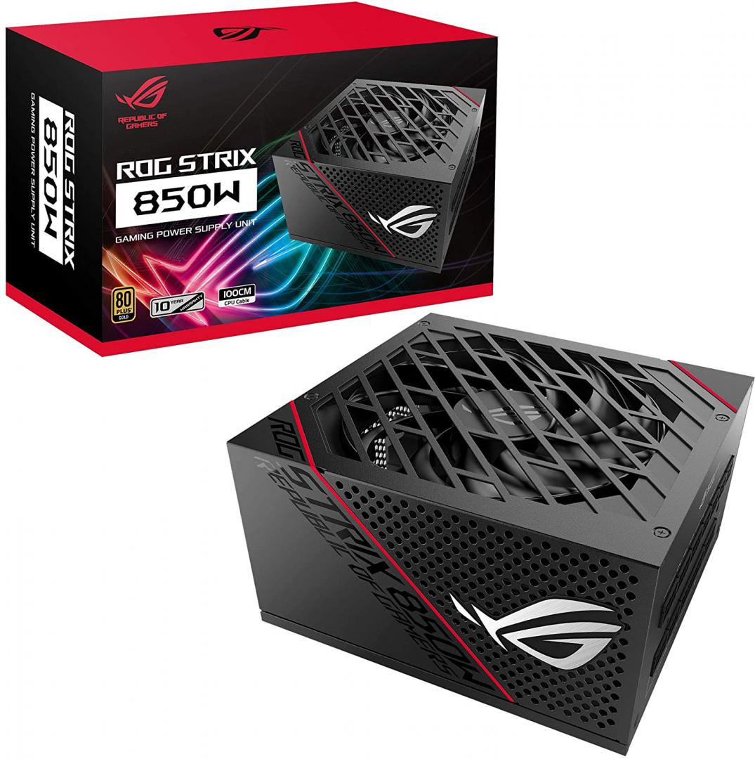 SURSA ASUS, 850 W, "ROG STRIX 850" modulara, ATX 12V, fan 135 mm x 1, 80 Plus Gold, MB 20+4 pin x 1, CPU 4+4 pin x 2, PCI-E 6+2 pin x 6, SATAx8, MOLEX 4-pinx6, "ROG-STRIX-850G" (timbru verde 2 lei)
