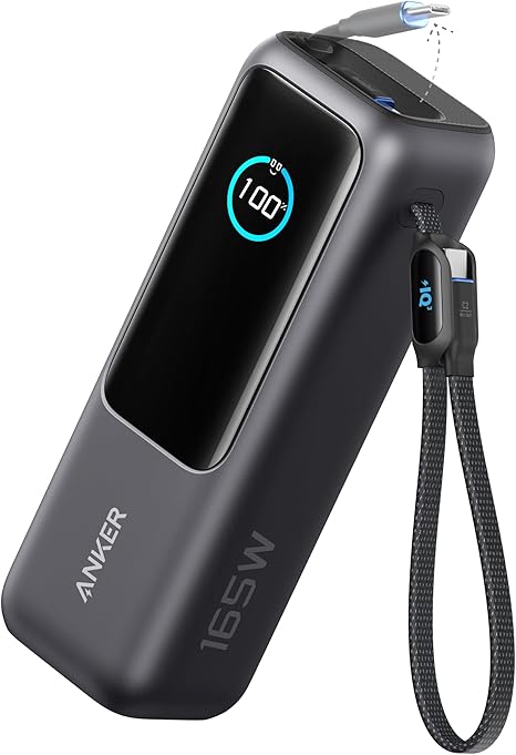 POWER BANK Anker 25.000 mAh, 165W 2 x cablu USB-C incorporat, 3 x USB-C (max 100W per port), 1 x USB-A (max 30W), afisaj LED, 595g, gri, "A1695H11" (timbru verde 0.98 lei) - 0194644288679
