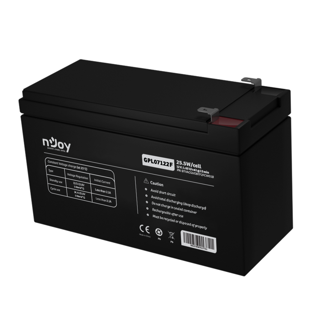 UPS- acumulatori Njoy GPL07122F | Baterie UPS | 12 V | 7 A | Borne F2 | 30 W | 151 x 65 x 94 mm "BTVACGUOBTF2FCW01B" (timbru verde 0.5 lei)