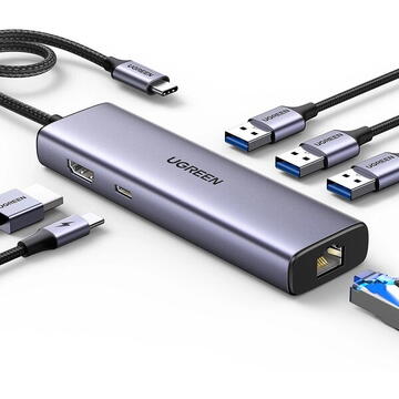 DOCKING Station Ugreen, "CM512" conectare PC USB Type-C, USB 3.0 x 3| RJ-45 Gigabit x 1|HDMI 4K x 1 la 30Hz|USB-C x 1 PD 100W, aluminiu, gri "15598" (timbru verde 0.8 lei) - 6941876215980