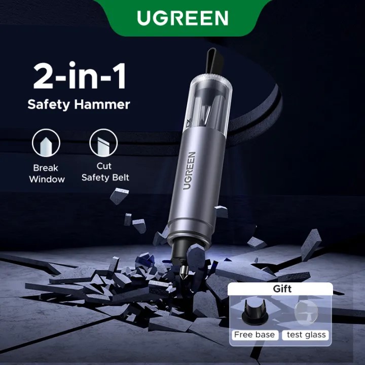 DISPOZITIV URGENTE auto Ugreen, "LP821" ciocan spart geamul + cutter centura, argintiu "35347"