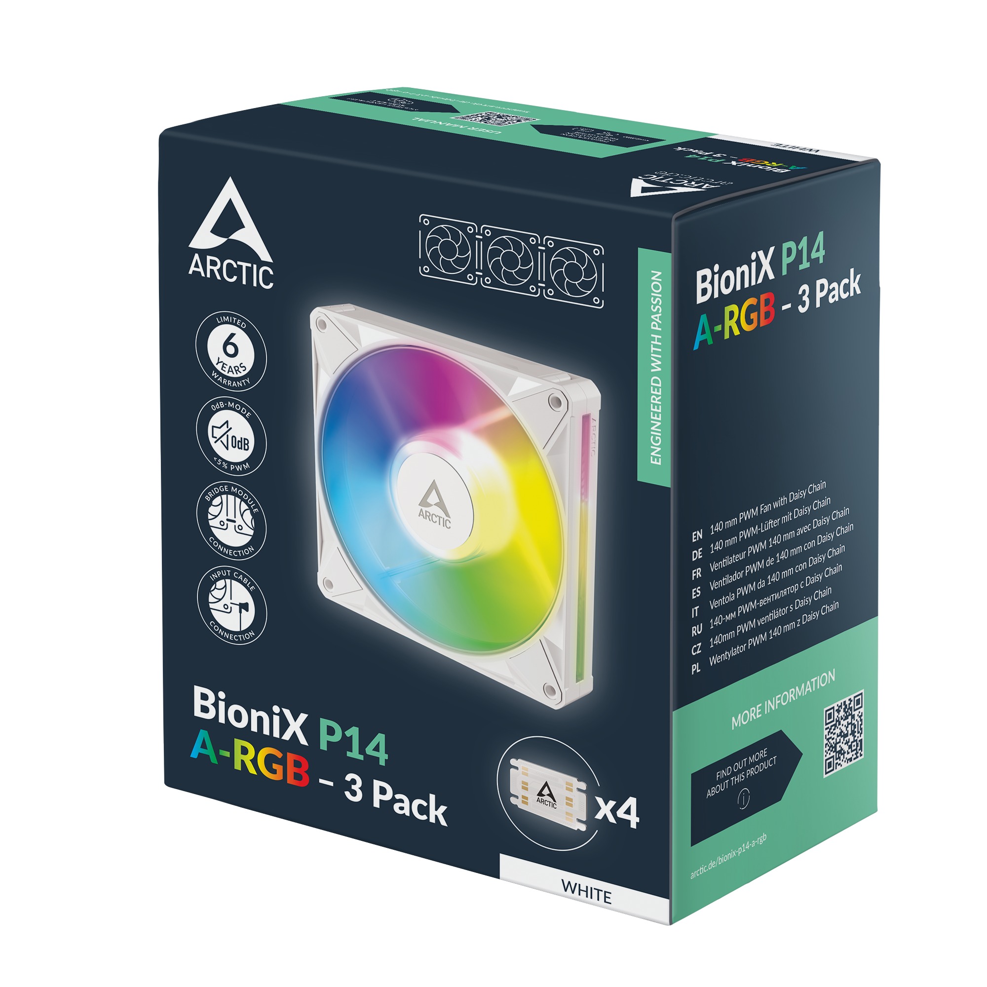 Set 3 ventilatoare Arctic "BioniX P14 A-RGB Wh", 140mm, 450 - 3000 RPM, FDB, 76 cfm, 4-Pin PWM | 3-pin ARGB, alb, "ACFAN00342A" - imagine 2