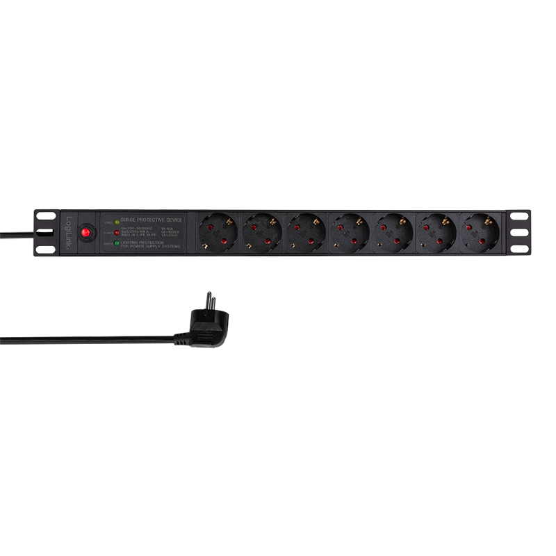 PDU LOGILINK 1U pt. rack 19 inch, 7 prize Schuko, intrare Schuko, max 16 A, ON/OFF, prot. suprasarcina, filtru de linie, IP20, 2 m, negru, "PDU7C02" (timbru verde 0.8 lei)