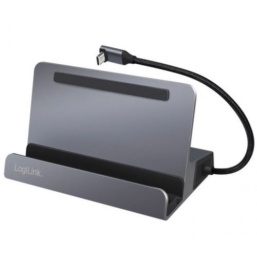 DOCKING Station LOGILINK universal, conec PC USB-C 3.2, USB 3.0 x 3, USB-C x 1, HDMI x 1, RJ45 x 1, holder tableta/smartphone, PD pana la 100W, argintiu, "UA0408" (timbru verde 0.18 lei)