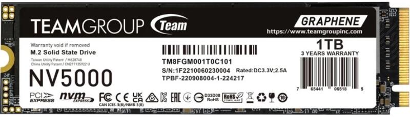SSD TEAMGROUP NV5000, 1TB, PCIe Gen4x4 M.2 2280, 3D TLC NAND NVMe, R/W: 4500/1900 MB/s, "TM8FGM001T0C101" (timbru verde 0.18 lei)