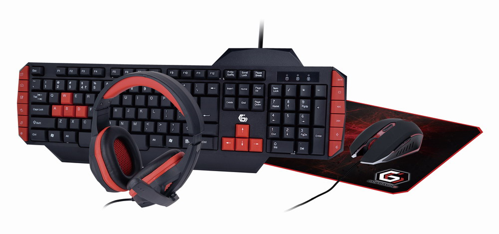 KIT 4-in-1 GEMBIRD, gaming, cu fir, tastatura 104 taste (+ 8 taste multimedia) + mouse 2400dpi 4 butoane + casti cu mic 2x3.5" + pad 300x250mm, USB, black "GGS-UMG4-02" (timbru verde 0.8 lei)
