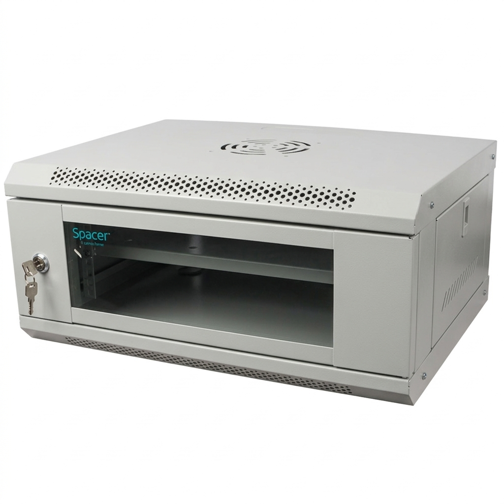 CABINET 19" SPACER 4U 500x400mm, fixare pe perete, Flatpack (dezasamblat), Grey, usa sticla cu blocare, panouri detasabile, otel 1mm, sarcina maxima 25Kg, contine un raft, "SPCW-4U-400-GR-02"