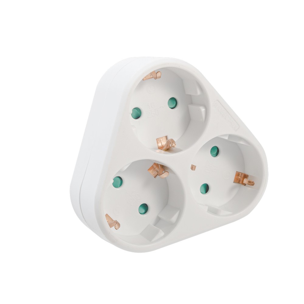 Triplu Stecher SPACER, Schuko, max 3500W, 16A, protectie copii, 3 prize Schuko, 1 stecher Schuko, "SPMS-3-WH" (timbru verde 0.18 lei)