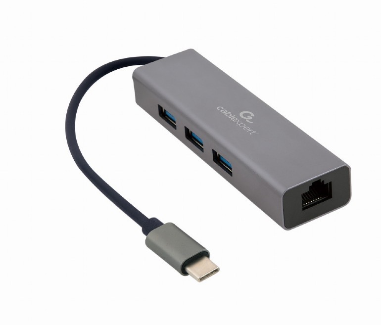 ADAPTOR RETEA GEMBIRD , extern, USB 3.1 Gen1 Type-C, port RJ-45, 1000 Mbps, cu HUB 3 x 3.0 USB-A, silver, "A-CMU3-LAN-01" (timbru verde 0.18 lei)