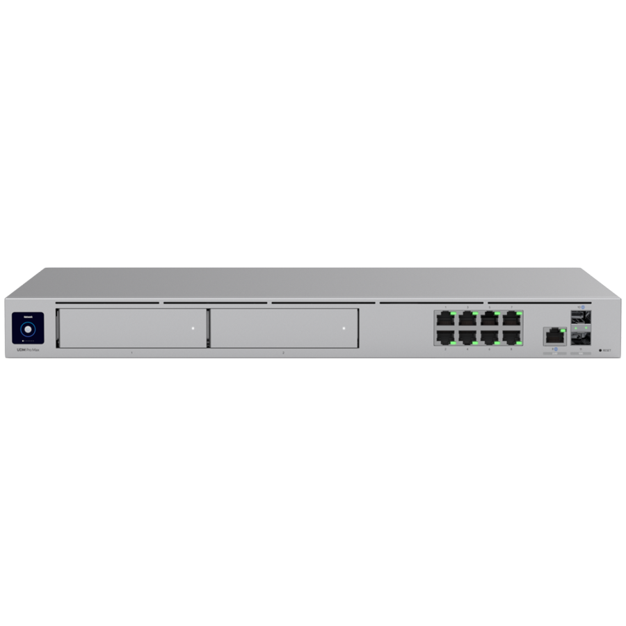 Ubiquiti rack-mount Cloud Gateway with 10 Gbps perfor multi-WAN load balancing, and two NVR drive bays designed for large-scale, multi-application UniFi sites "UDM-PRO-MAX-EU" (timbru verde 0.8 lei)