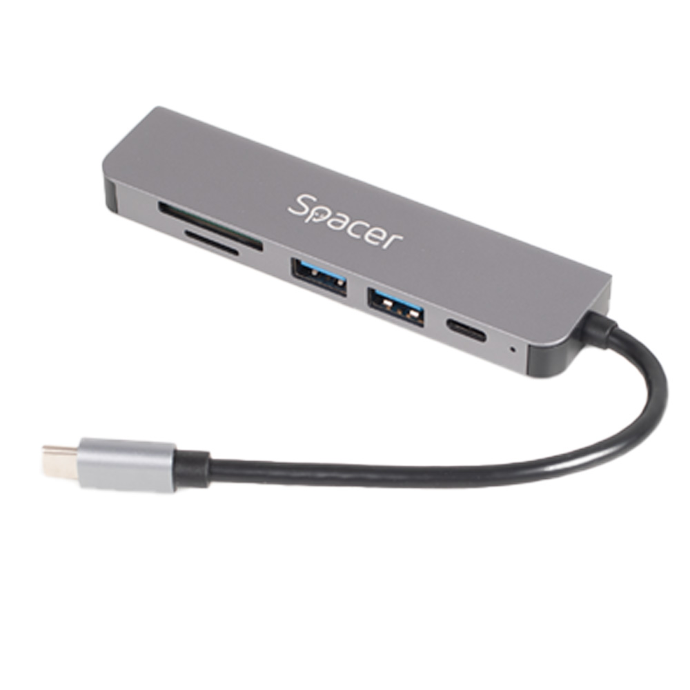 DOCKING Station Spacer universal 6 in 1, conectare Type-C, USB 3.0 x 2 |PD 3.0 x 1 (87W), porturi video HDTV x 1, 4K (30Hz),SD card x 1, TF (MicroSD card) x 1, gri, Aluminiu, "SPDS-TypeC-HUPS-6in1" (timbru verde 0.18 lei)
