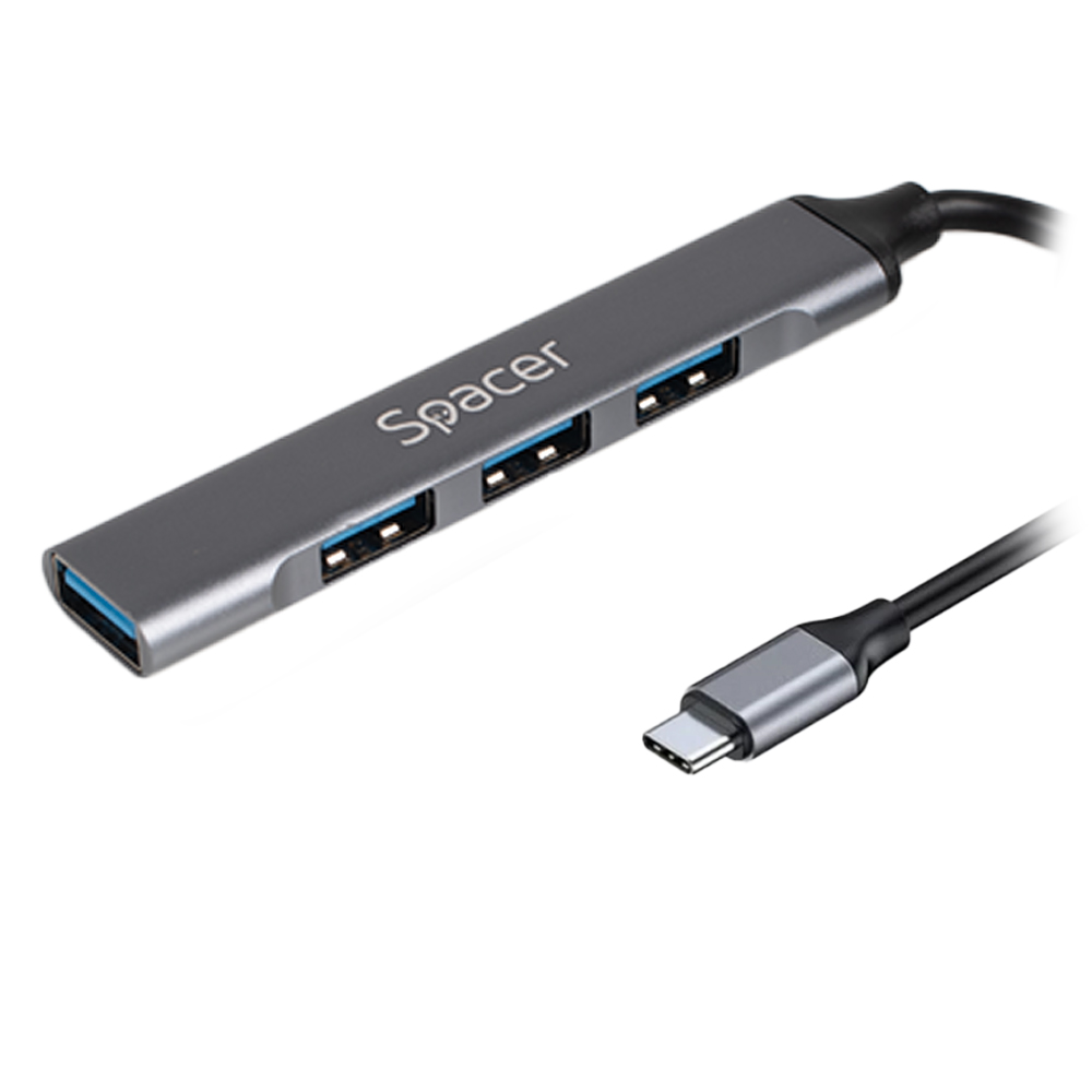 HUB extern SPACER, porturi USB:USB 3.0 X 1, USB 2.0 x 3, conectare prin TYPE-C, cablu 1m, aluminiu, (timbru verde 0.18 lei), "SPHB-TYPEC-4U-01"