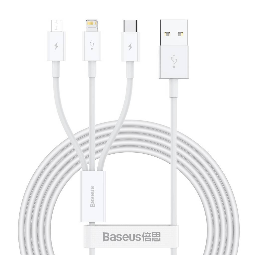 CABLU alimentare si date Baseus Superior Series, pt. smartphone, USB la Micro-USB + Lightning Iphone + USB Type-C 3.5A, 1.5m, alb "CAMLTYS-02" (timbru verde 0.18 lei) - 6953156205536
