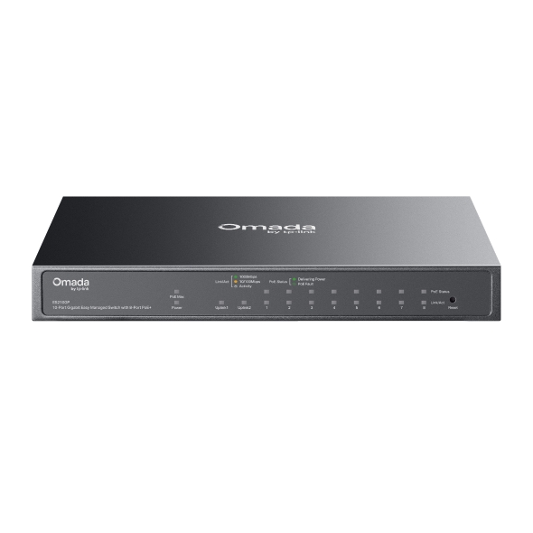 SWITCH TP-LINK Omada, 10-Port Gigabit Easy Managed Switch with 8-Port PoE+, 1× Gigabit SFP/RJ45 port, 63W buget POE, carcasa metalica "ES210GP" (timbru verde 2 lei)