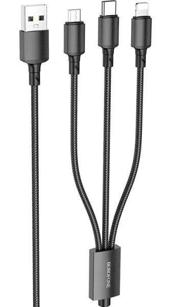 CABLU alimentare Borofone "BX72", pt smartphone,USB la Micro-USB+Lightning + USB Type-C 2A, 1m, brodat, negru "6974443384666" (timbru verde 0.18 lei)