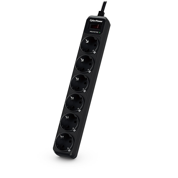 PRELUNGITOR CYBER POWER, Schuko x 6, conectare prin Schuko (T), cablu 1.8 m, 10 A, protectie supratensiune, negru, "B0620SC0-DE" (timbru verde 0.18 lei)