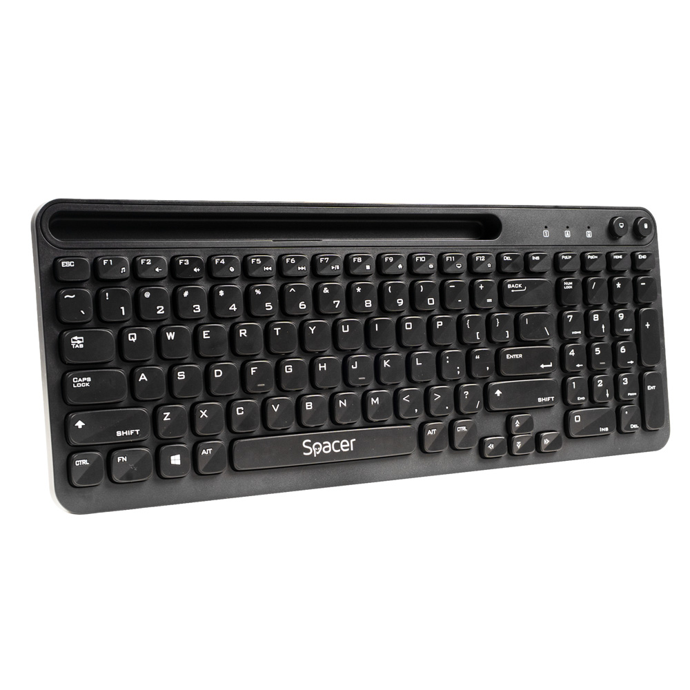 TASTATURA wireless SPACER, 102 taste, low profile keycap, suport telefon, 1 baterie AAA inclusa, neagra, "SPKB-WS-04" (timbru verde 0.8 lei)