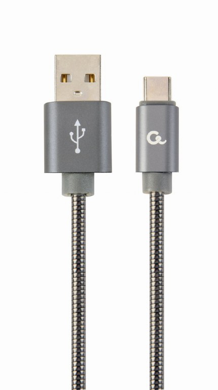 CABLU alimentare si date GEMBIRD, pt. smartphone, USB 2.0 (T) la USB 2.0 Type-C (T), 2m, premium, impletire din bumbac, gri-metalizat cu insertii albe, "CC-USB2S-AMCM-2M-BG" (timbru verde 0.08 lei)