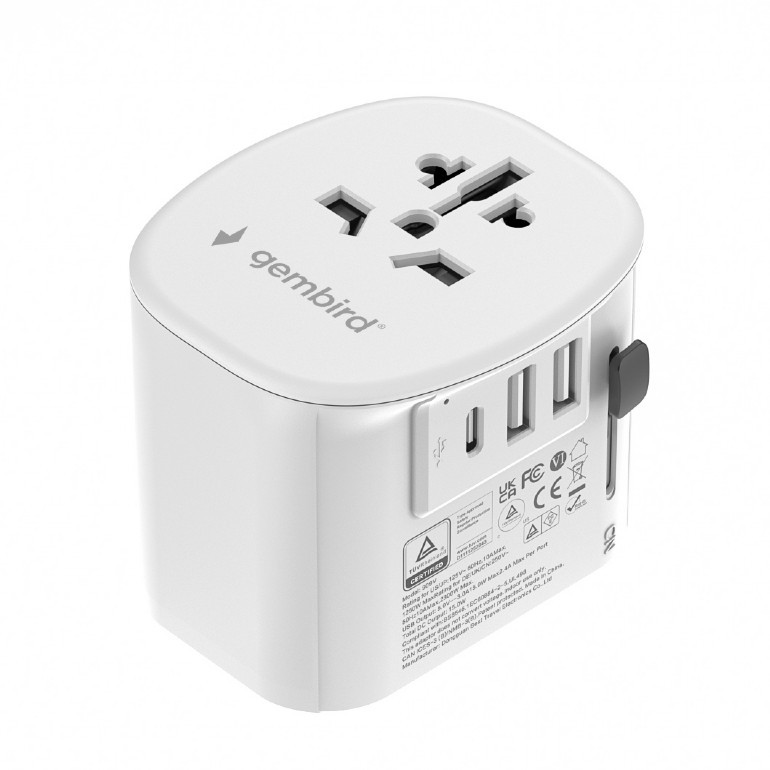 ADAPTOR GEMBIRD, universal, conectori: US/UK/EU/AU, 1x USB Type-C 15W, 2x USB-A 12W, siguranta 10A, max. 2300W, alb, "TPA-EU2A1C15-01-W" (timbru verde 0.8 lei)