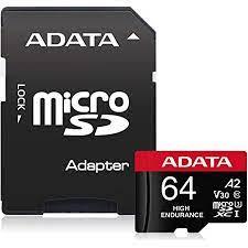 MEMORIE MICROSD ADATA Endurance, 64 GB, MicroSDHC, clasa 10, standard UHS-I U1, "AUSDX64GUI3V30SHA2-RA1" (timbru verde 0.03 lei)