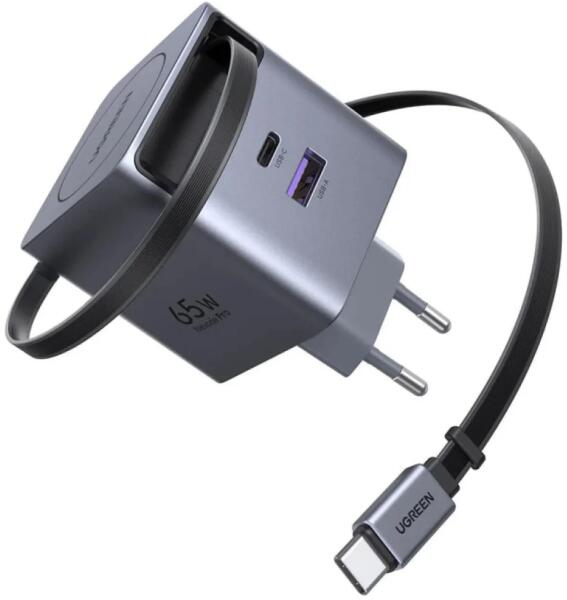 INCARCATOR retea Ugreen GaN "X615" Quick Charge 65W, 1 x USB Type-C, 1 x USB, 1 x cablu USB Type-C retractabil, gri "65825" (timbru verde 0.18 lei)