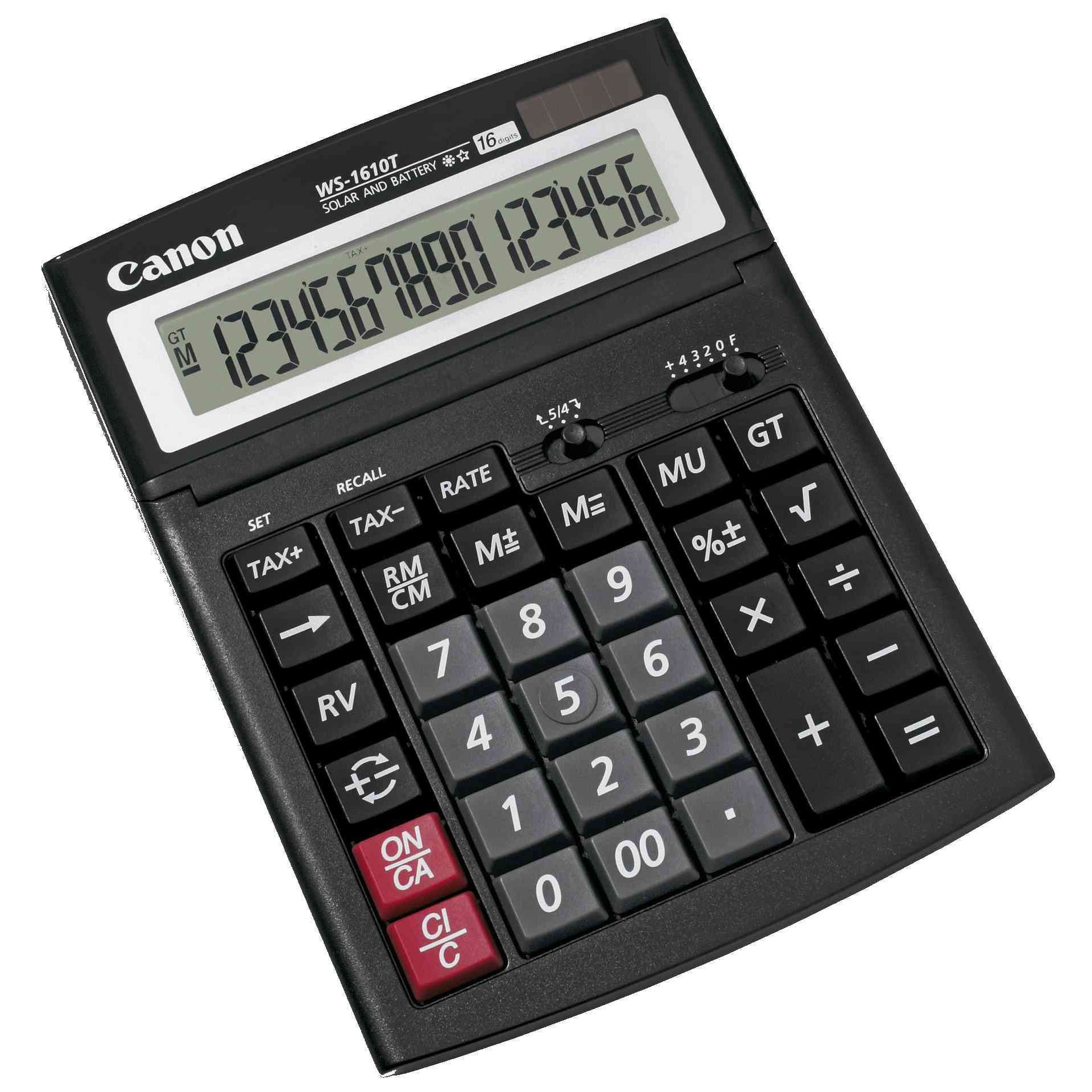 Calculator de birou CANON, WS1610T, ecran 16 digiti, alimentare solara si baterie, negru, "BE0696B001AA" (timbru verde 0.18 lei)