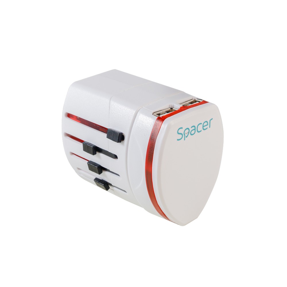 ADAPTOR universal SPACER, pt. calatorii, Schuko x 1, conectare Socket Universal (T), USB x 2, 10 A, alb, "SPAD-UNIV"/45505994 (timbru verde 0.18 lei)