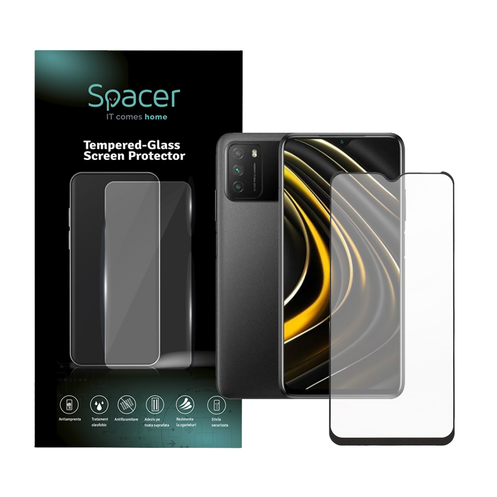 FOLIE STICLA Spacer pentru Xiaomi Pocophone M3, grosime 0.3mm, acoperire totala ecran, strat special anti-ulei si anti-amprenta, Tempered Glass, sticla 9D, duritate 9H "SSPPG-XI-PC-M3-TG"
