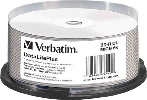 BD-R VERBATIM 50GB, viteza 6x, 25 buc, Double Layer, spindle, printabil, "Wide Inkjet Printable" "43749"
