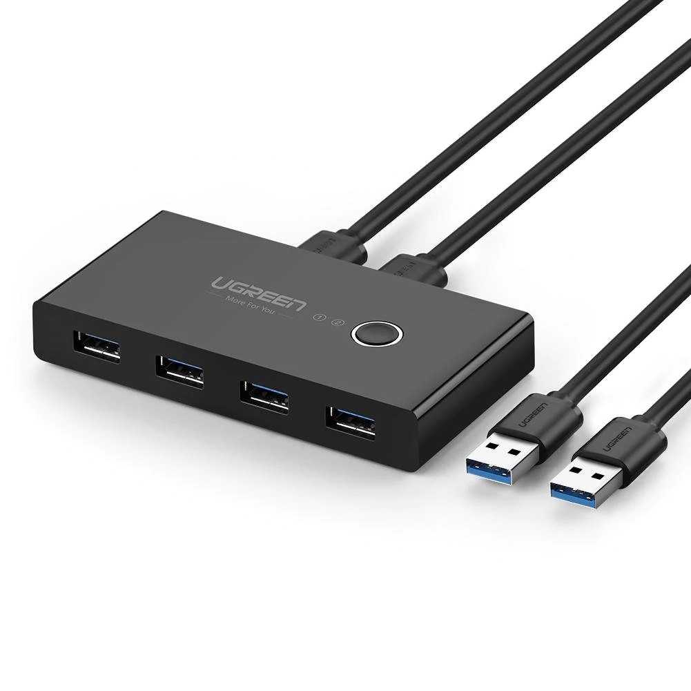 HUB extern Ugreen, "US216" porturi USB: USB 3.0 x 4, conectare prin 2 x USB, partajare date 2 pc-uri simultan,buton comutare PC,lungime 1.5 m,LED, negru "30768" (timbru verde 0.8 lei) - 6957303837687