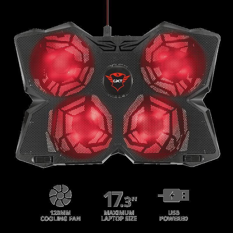 STAND TRUST "GXT Yozu" notebook 17.3" , sita metal, 4 x fan 12cm, LED rosu, negru, "TR-20817" (timbru verde 2 lei)