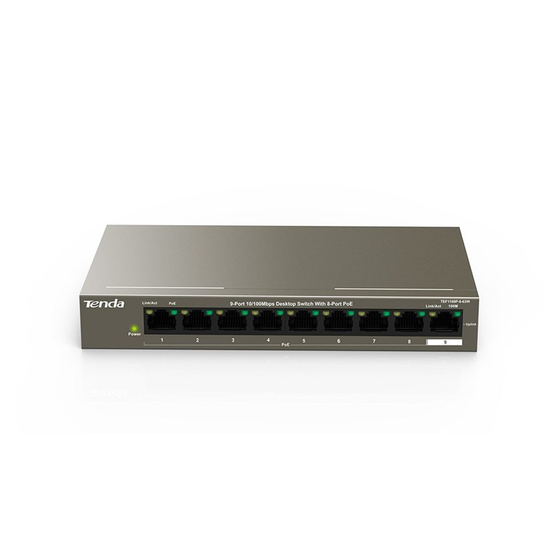 SWITCH TENDA unmanaged, 9 porturi RJ-45 10/100 dintre care 8 au PoE putere totala 58W, metalic "TEF1109P-8-63W" (timbru verde 2 lei)