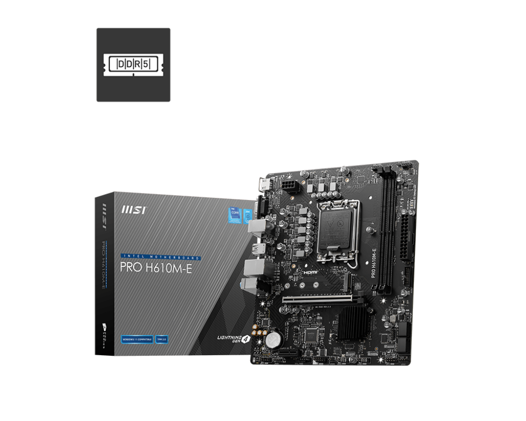 MSI PRO H610M-E, mATX, LGA 1700, Dual Channel DDR5 5600+MHz, 1x PCIe x16 slot, 1x M.2 slot, 1x HDMI, 1x VGA, 2x USB 3.2 Gen 1, 4x USB 2.0, 7.1 HD Audio, Realtek ALC897 Codec, 3Y "PRO_H610M-E"